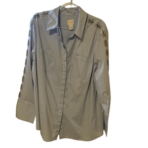 🍒Chico's Light Blue SilverEmbellishments beaded arm stripe blouse size 3 GUC..